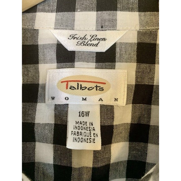 Talbots Irish Linen Blend Black White 3/4 Sleeve Button Up Check Top Blouse 16W - Picture 2 of 7